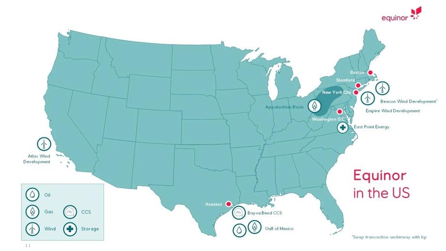 Map of the US showing Equinor's offices and oil, gas and wind assets