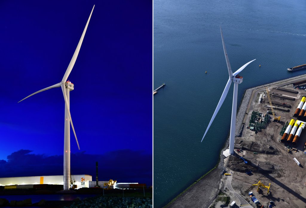 To bilder av en vindturbin