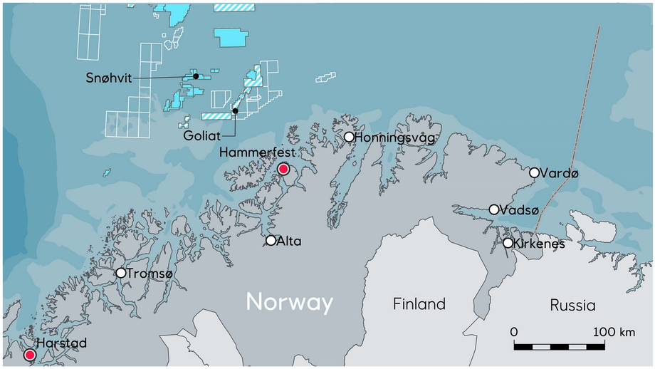 Kart over Snøhvit-feltet, Nord-Norge og Hammerfest