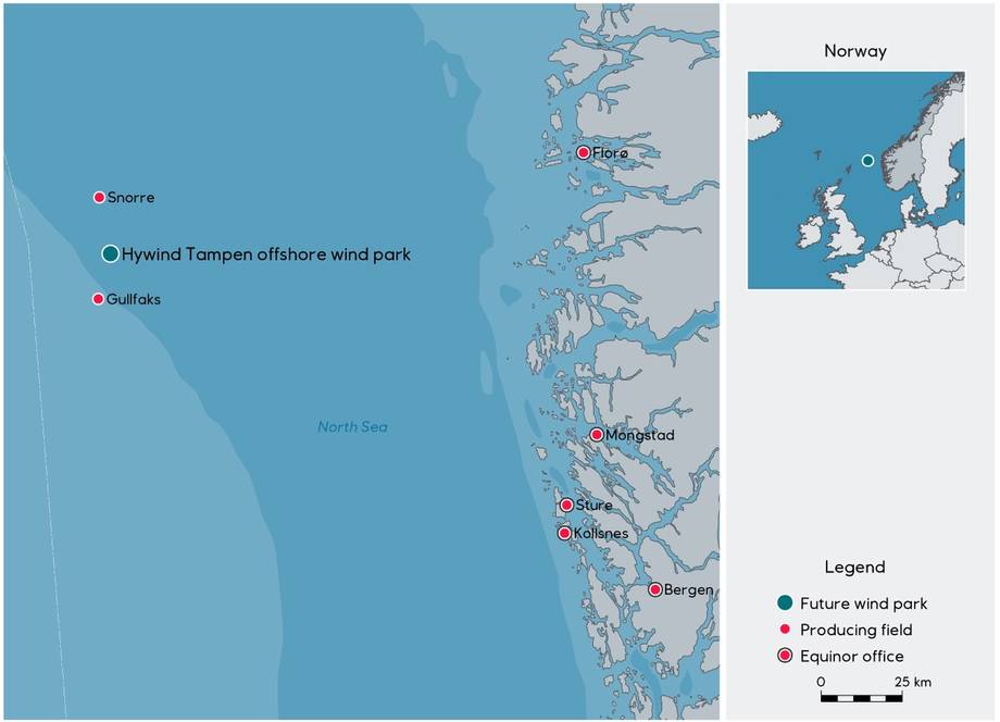 Kart som viser Hywind Tampen-vindparkens plassering i Nordsjøen