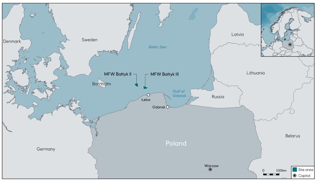 Kart over prosjektene MFW Bałtyk II og MFW Bałtyk III